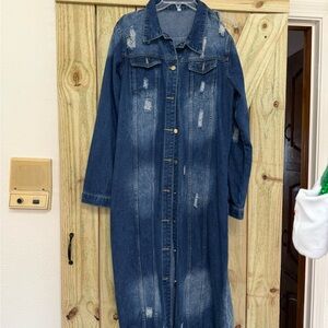 Long Denim Jacket/Duster with Distressed Details